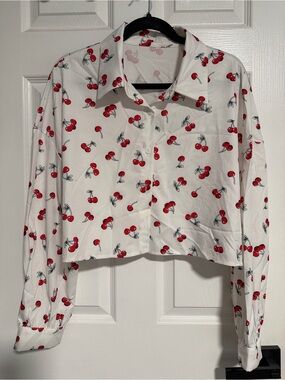 SHEIN White Cropped Button-Down Shirt with Red Cherry Print